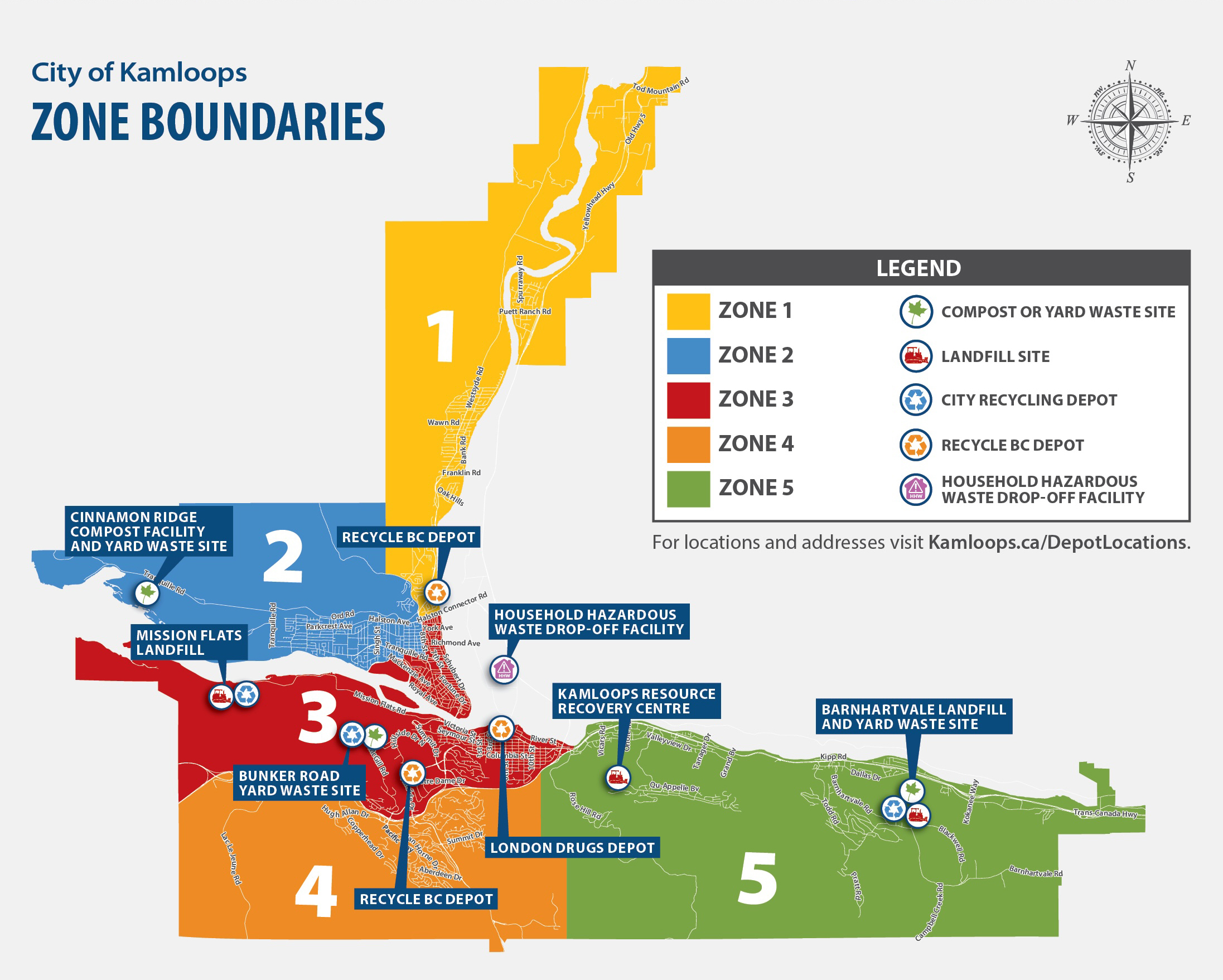 Kamloops Map showing the Zones for solid waste collection