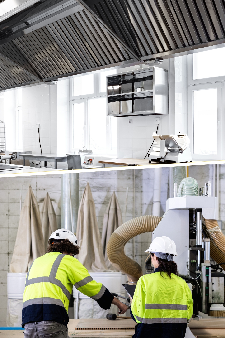 Mechanical ventilation technicians installing commercial ventilation apparatus.